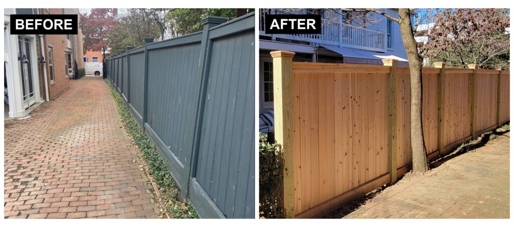 Before and after wood fence repair: a weathered fence with peeling paint beside a new wood privacy fence with decorative post caps.